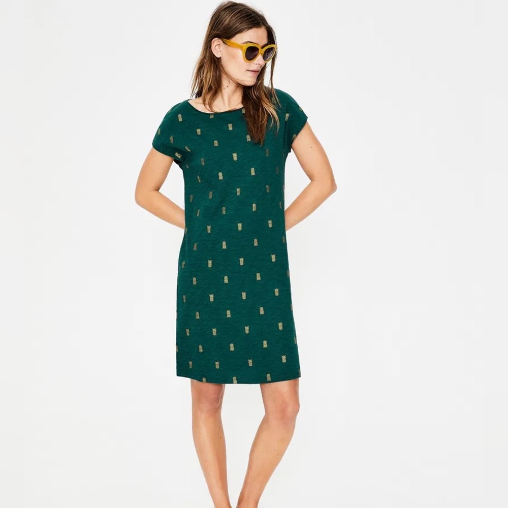 Boden size 8 Paulina pineapple print dark green jersey cotton shift dress